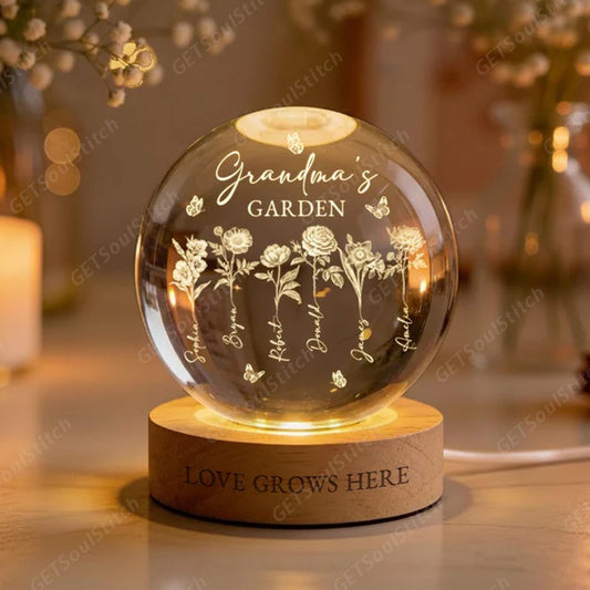 Grandma's Garden 3D Effect Birth Month Flowers - Personalized Crystal Ball LED Night Light