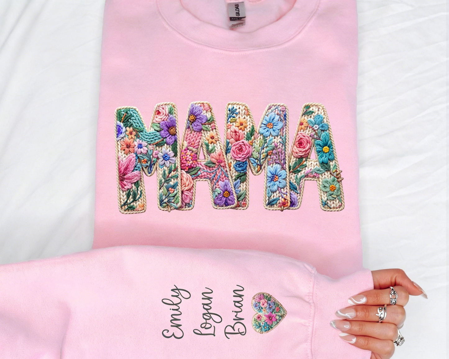 Personalized Mama Sweatshirt, Faux Embroidered Floral Hoodie with Custom Names