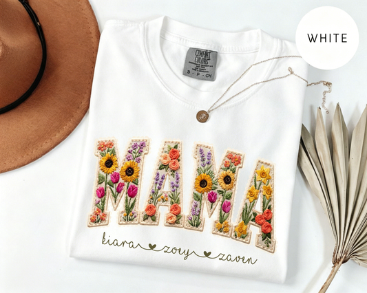 Personalized Floral Embroidered Mama Tee — A Heartfelt Mother's Day Gift with Your Kids' Names