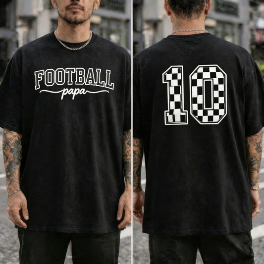 Personalized Football Papa Washed Shirt with Custom Checkered Number