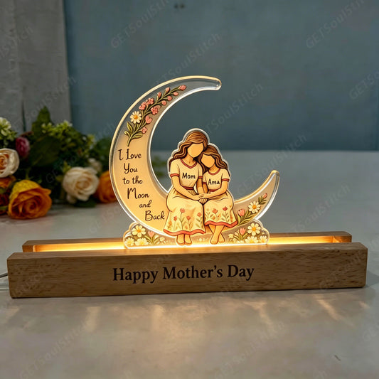 Custom Moon Family Acrylic Night Light, Personalized Mom & Kids Names & Quote