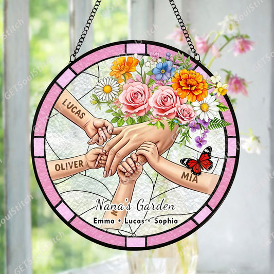 Custom Grandma's Garden Birth Flower & Grandkids Hands Stained Glass Suncatcher