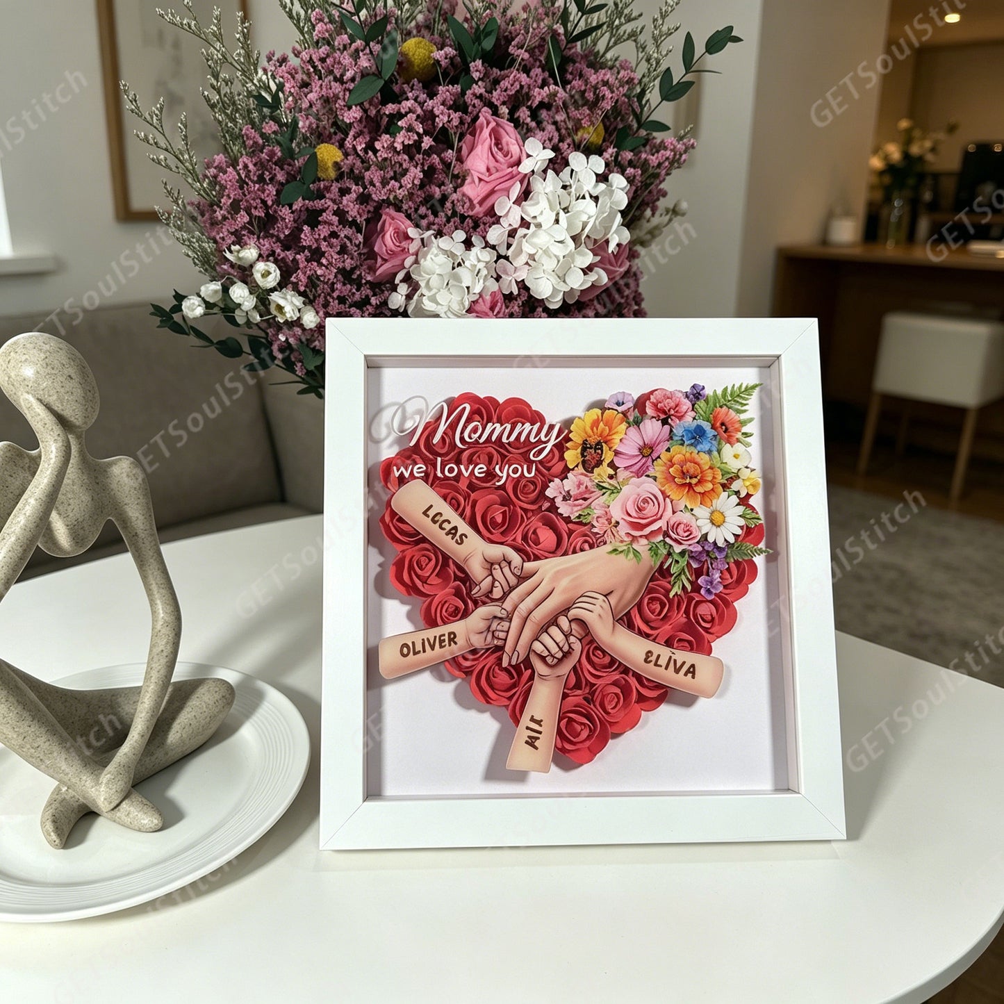 Customizable Family Hand in Hand Shadow Box with LED Light Personalized Names Quote & Birth Month Flowers Forever Keepsake