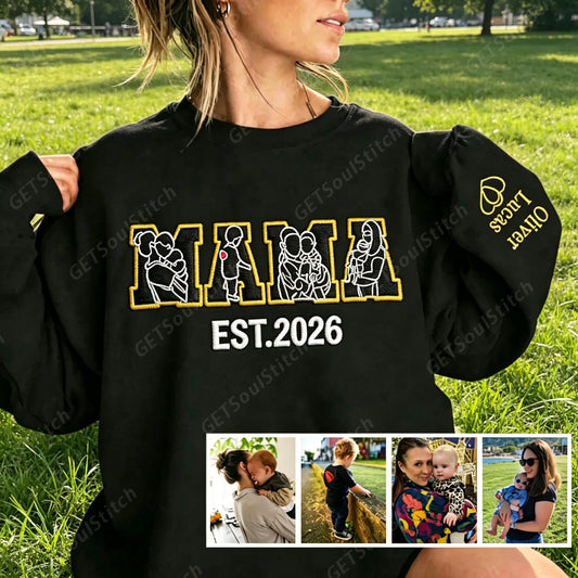 Custom Embroidered Mama Sweatshirt Personalized Photo Name & Date Handmade Sleeve Detail Mother's Day Gift