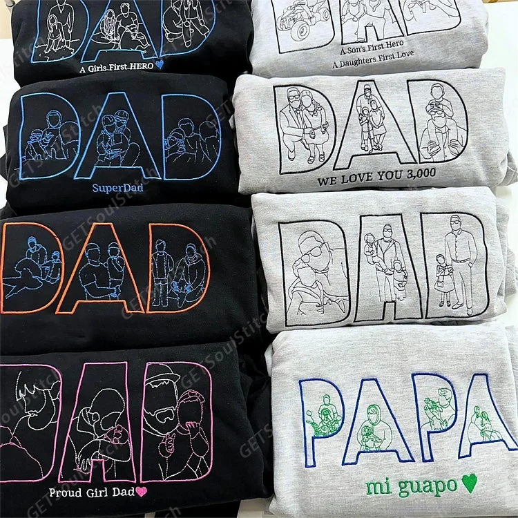 Custom Outline Embroidered PAPA/DAD Sweatshirt | Personalized Name & Photo Line Art Father's Day Gift