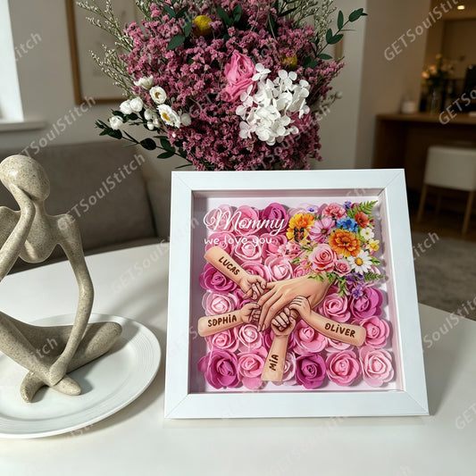 Customizable Family Hand in Hand Shadow Box with LED Light Personalized Names Quote & Birth Month Flowers Forever Keepsake