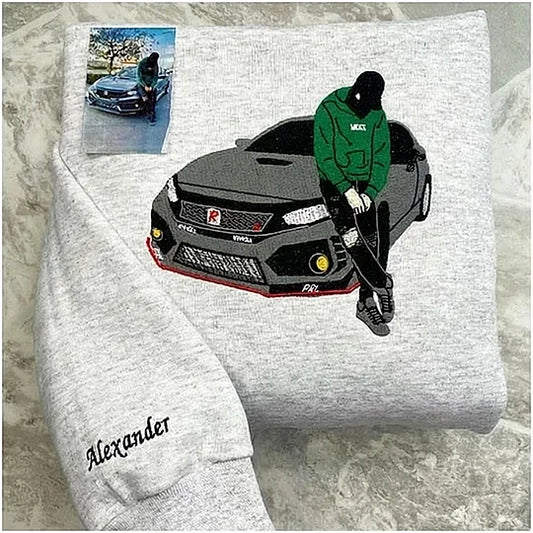 Custom Car Photo Embroidered Sweatshirt | Personalized Vehicle Portrait Crewneck for Car Lovers