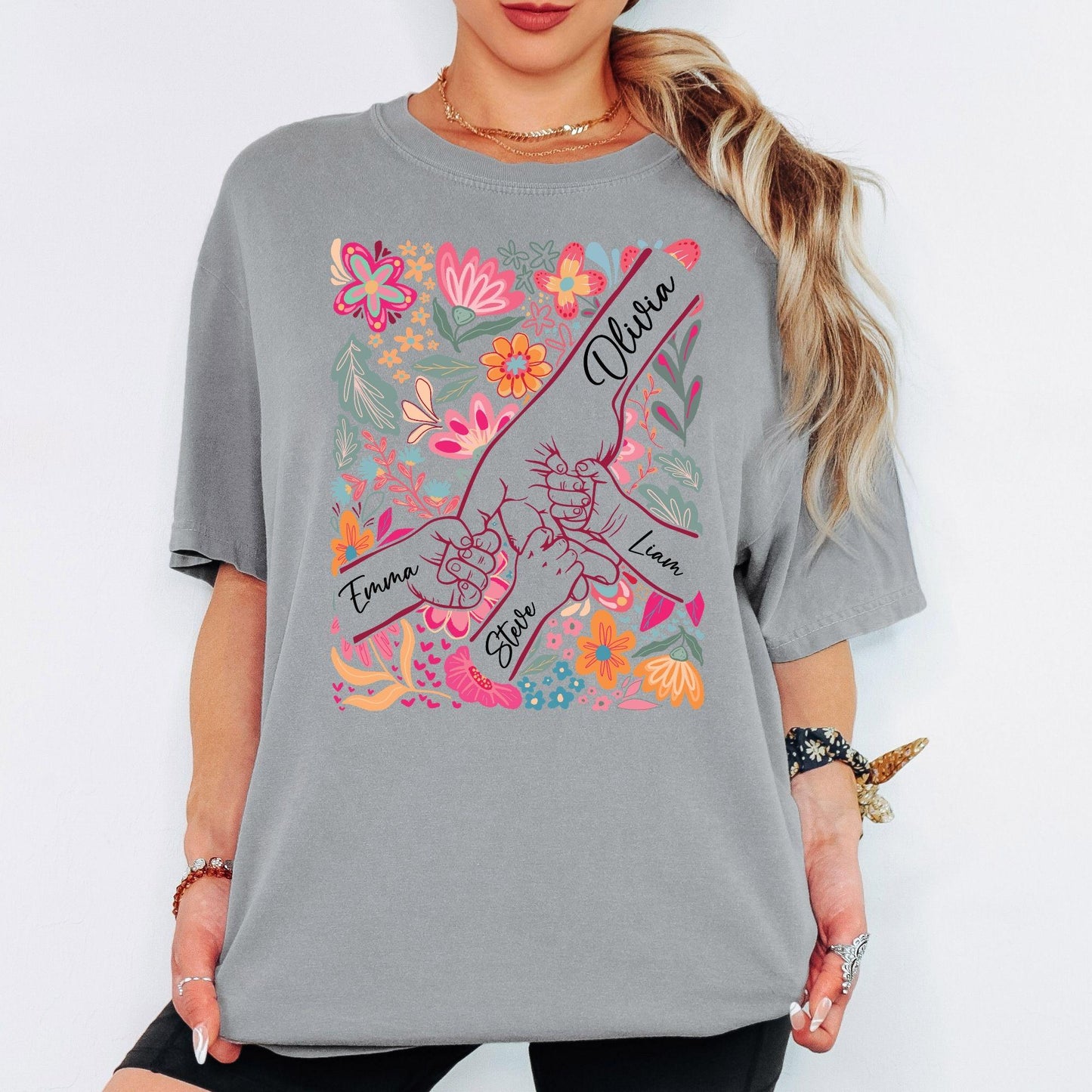 Personalized Mom Shirt with Kids Names | Custom Handprint Floral T-Shirt