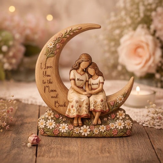 Custom Mom & Kids Moon Wood Statue Engraved Love Quote
