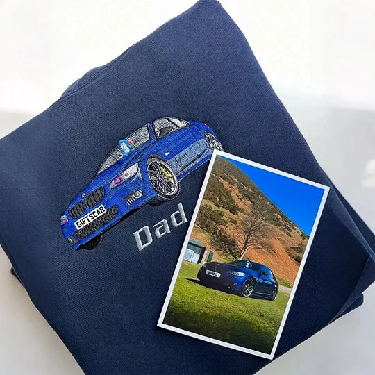 Custom Car Photo Embroidered Sweatshirt | Personalized Vehicle Portrait Crewneck for Car Lovers