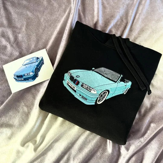 Custom Car Photo Embroidered Sweatshirt | Personalized Vehicle Portrait Crewneck for Car Lovers