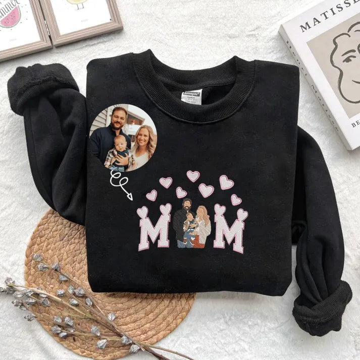 Besticktes Familienportrait-Shirt, personalisiertes besticktes Mama-Sweatshirt, Muttertagsgeschenk, individuelles Mama-Shirt, Geschenk für Ehefrau