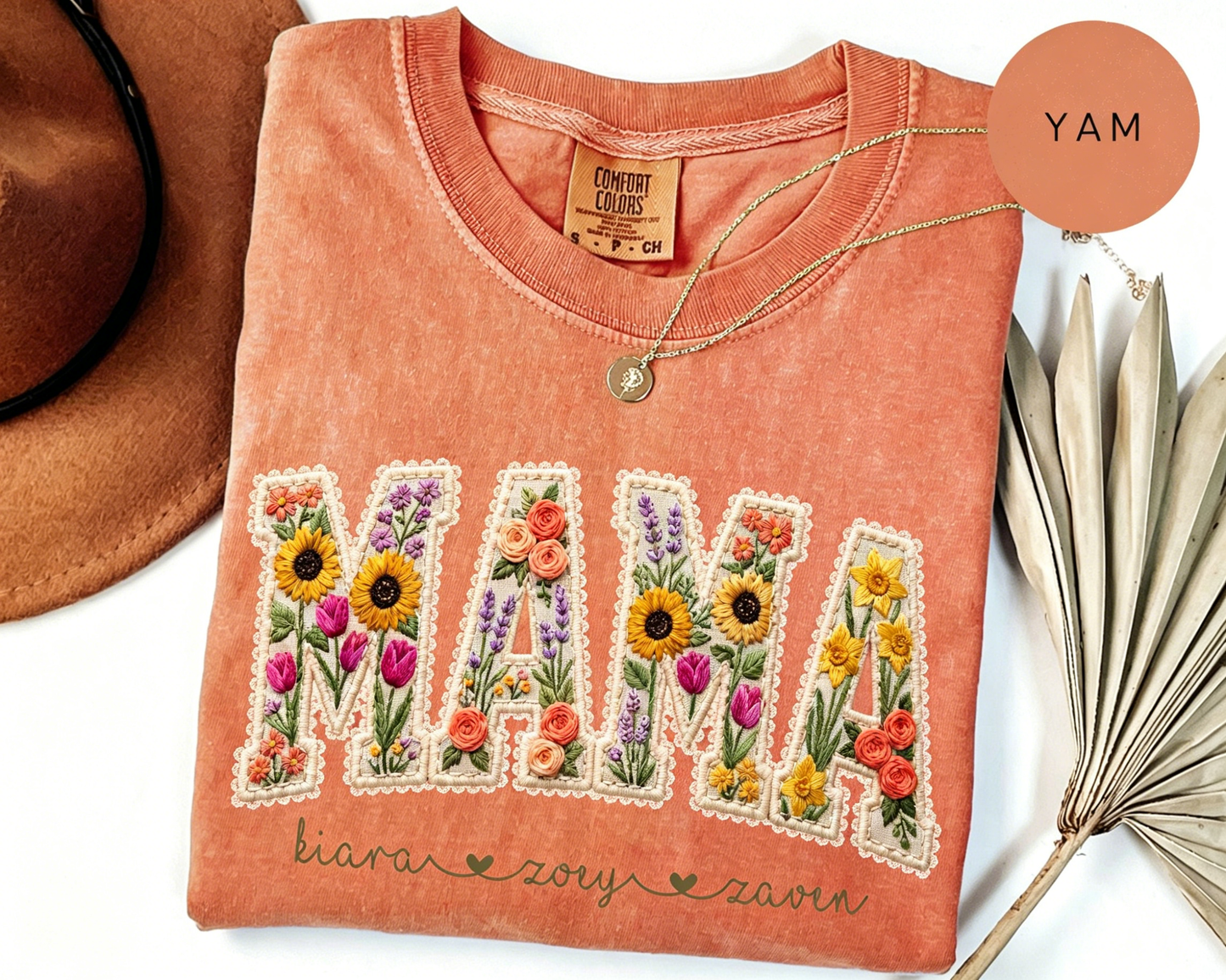 Personalized Floral Embroidered Mama Tee — A Heartfelt Mother's Day Gift with Your Kids' Names