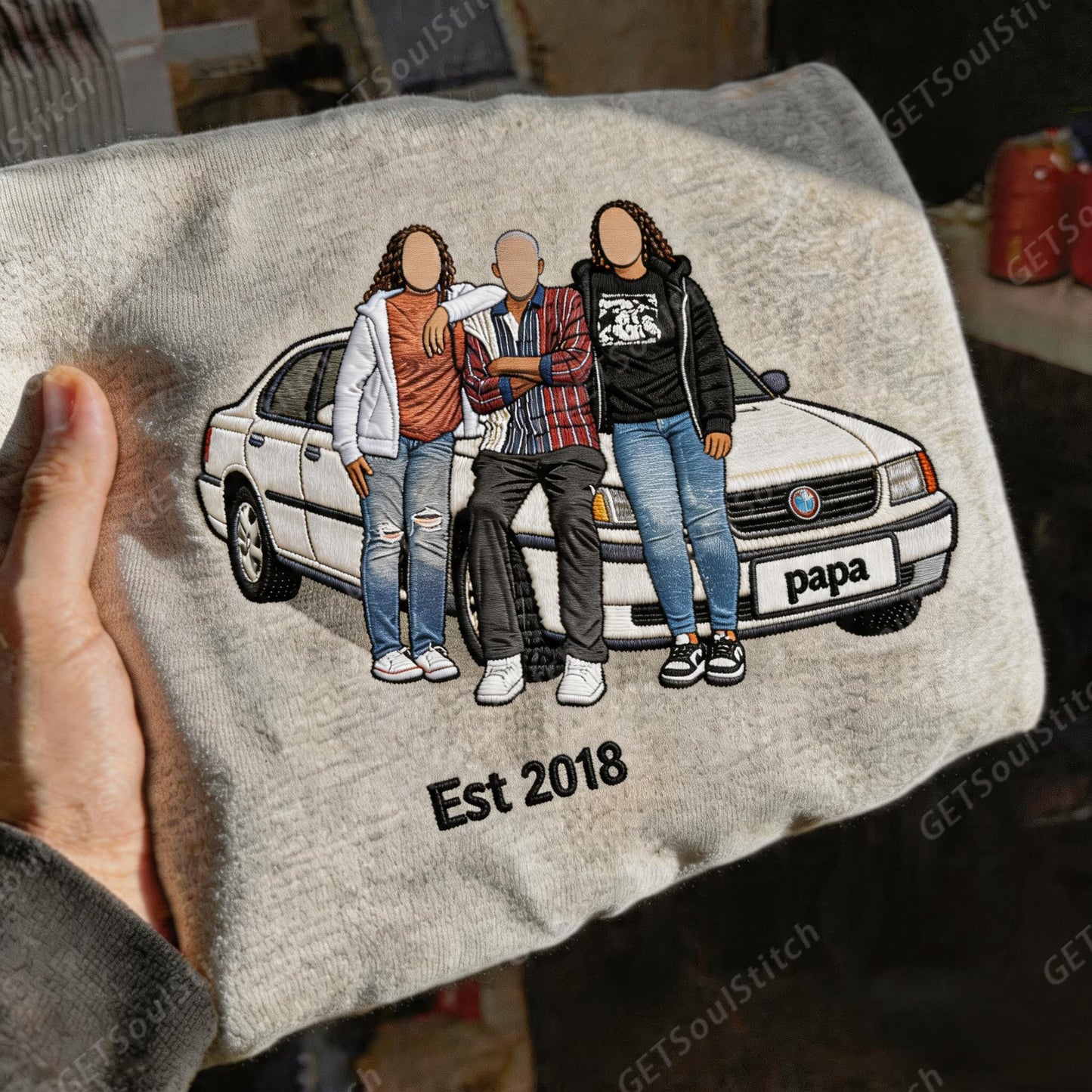 Custom Papa & Family Portrait Embroidered Sweatshirt Personalized Luxury Car & Custom Date Unique Father’s Day Gift