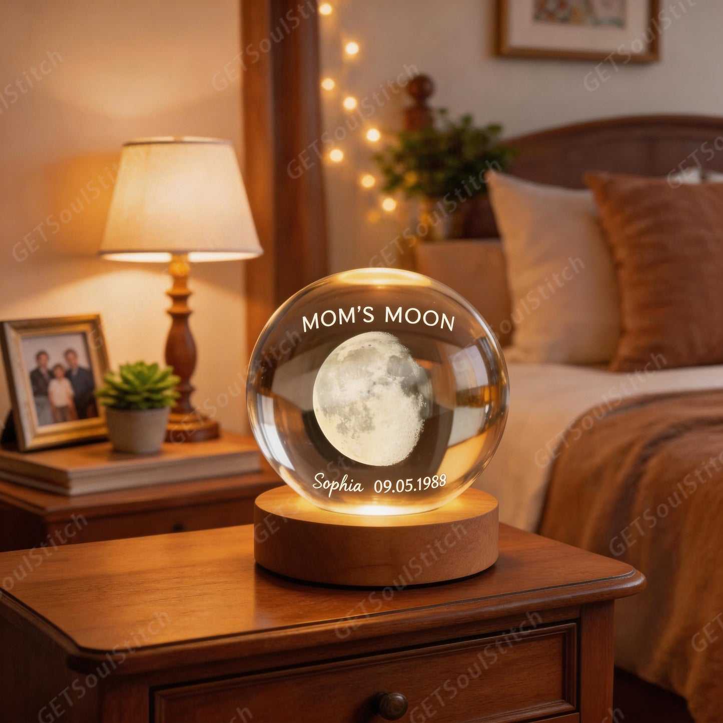 Personalized Mom's Moon Crystal Night Light - Customizable with Name & Date Unique Keepsake Gift for Mother