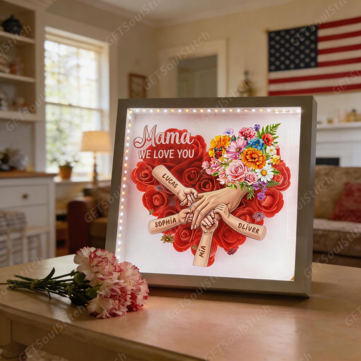 Floral LED Mirror Art for Mom Custom Title Names & Birth Dates Dual-Purpose with Light-Up Frame Mother’s Day Gift