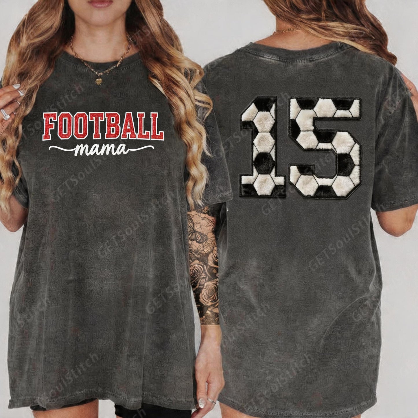 Vintage Washed Football Mama T-Shirt Custom Soccer Ball Pattern Number Mother’s Day Gift for Football Moms