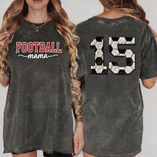 Vintage Washed Football Mama T-Shirt Custom Soccer Ball Pattern Number Mother’s Day Gift for Football Moms