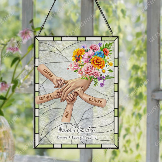 Custom Grandma's Garden Birth Flower & Grandkids Hands Stained Glass Suncatcher
