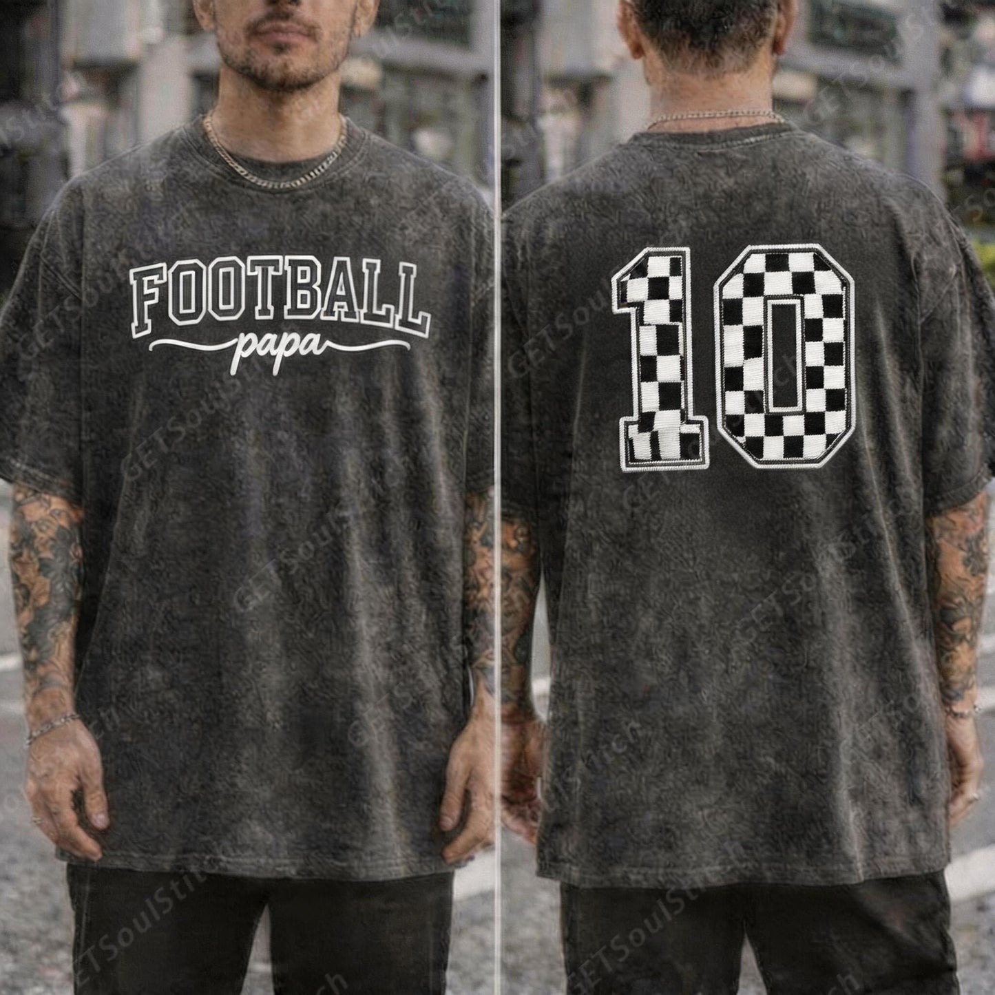 Personalized Football Papa Washed Shirt with Custom Checkered Number