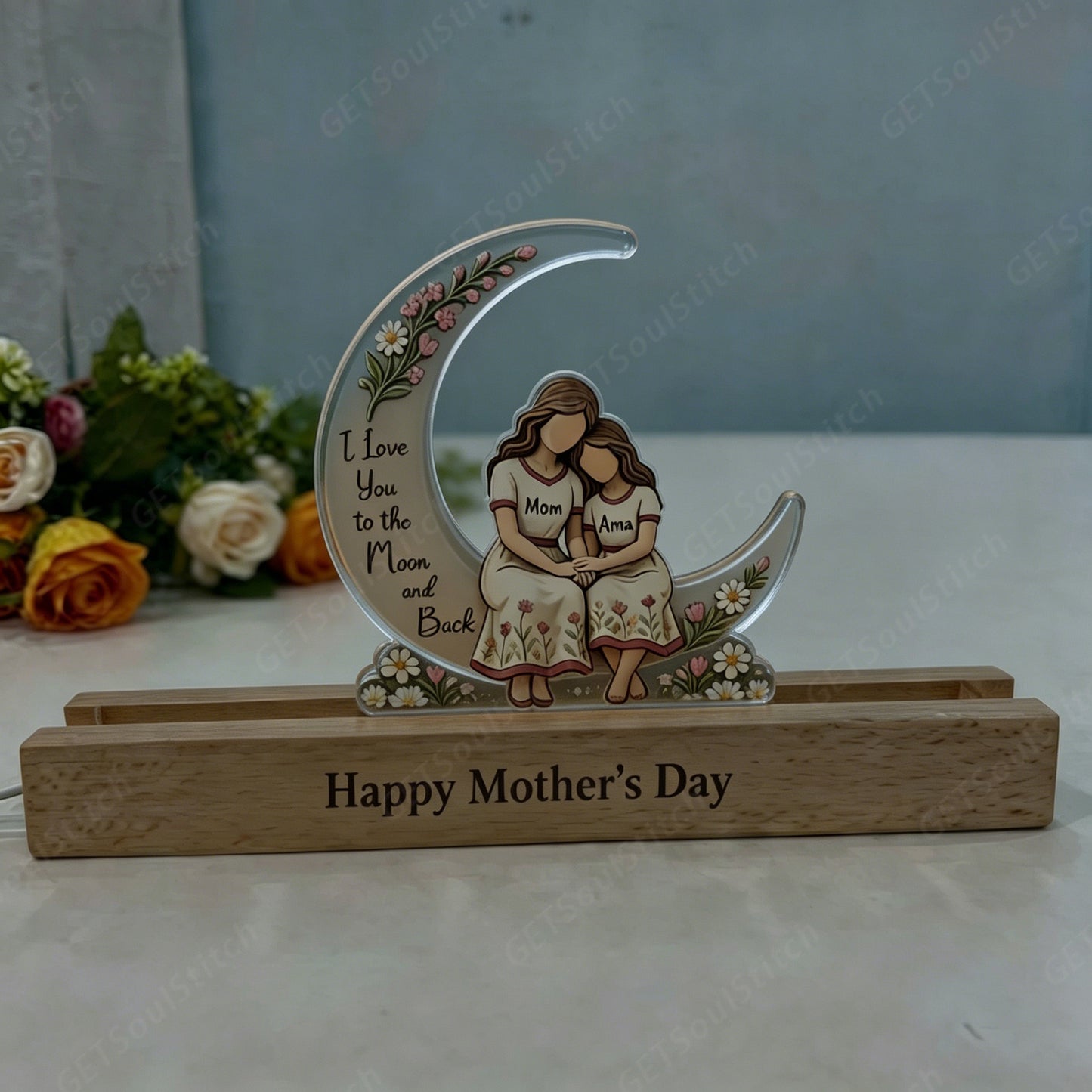 Custom Moon Family Acrylic Night Light, Personalized Mom & Kids Names & Quote