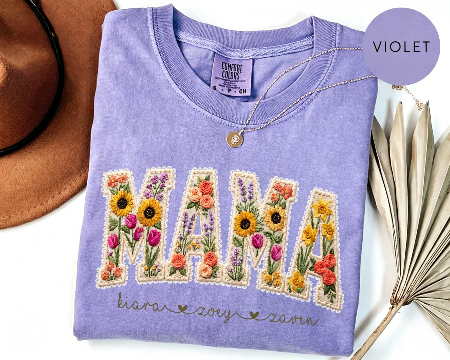 Personalized Floral Embroidered Mama Tee — A Heartfelt Mother's Day Gift with Your Kids' Names