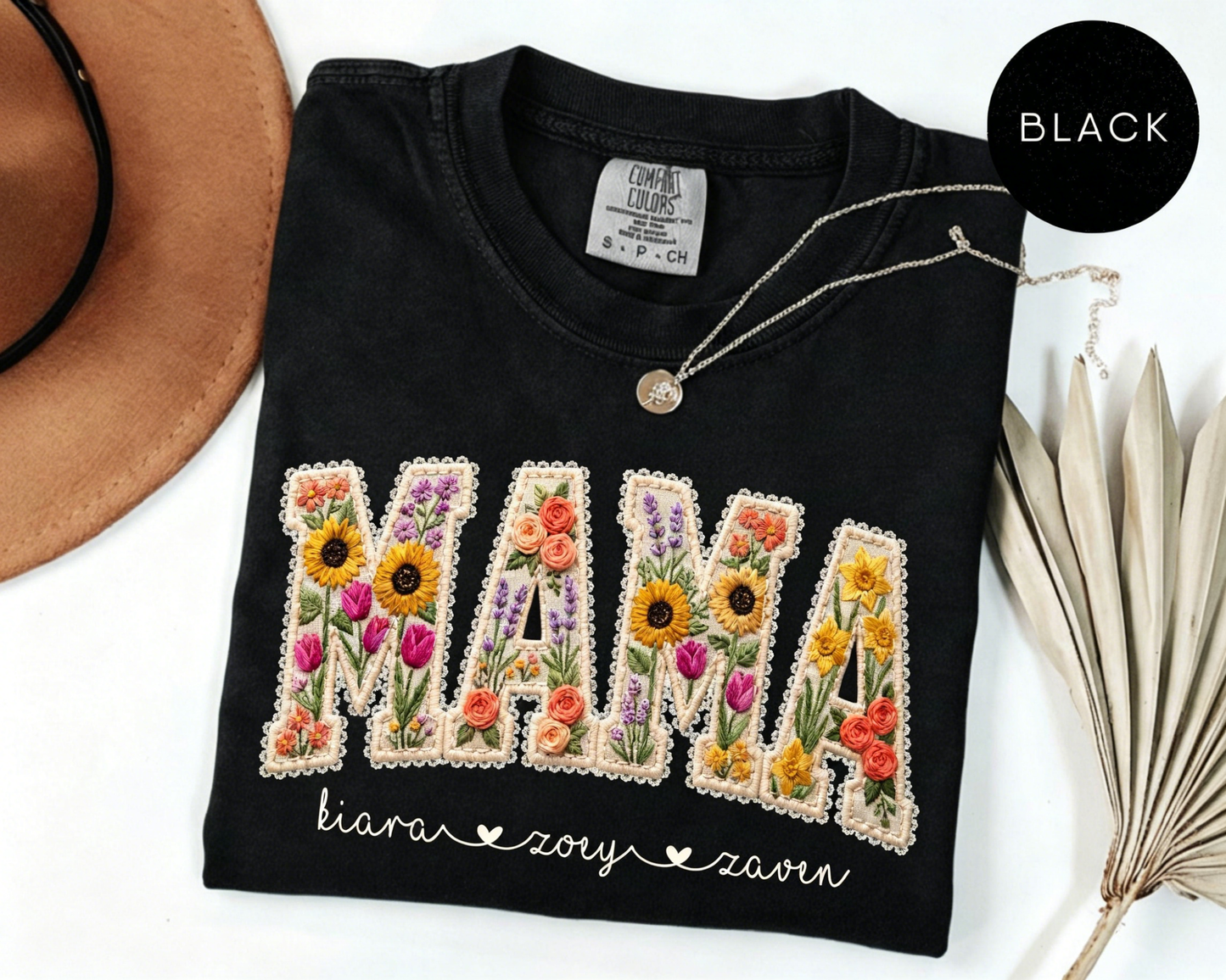 Personalized Floral Embroidered Mama Tee — A Heartfelt Mother's Day Gift with Your Kids' Names