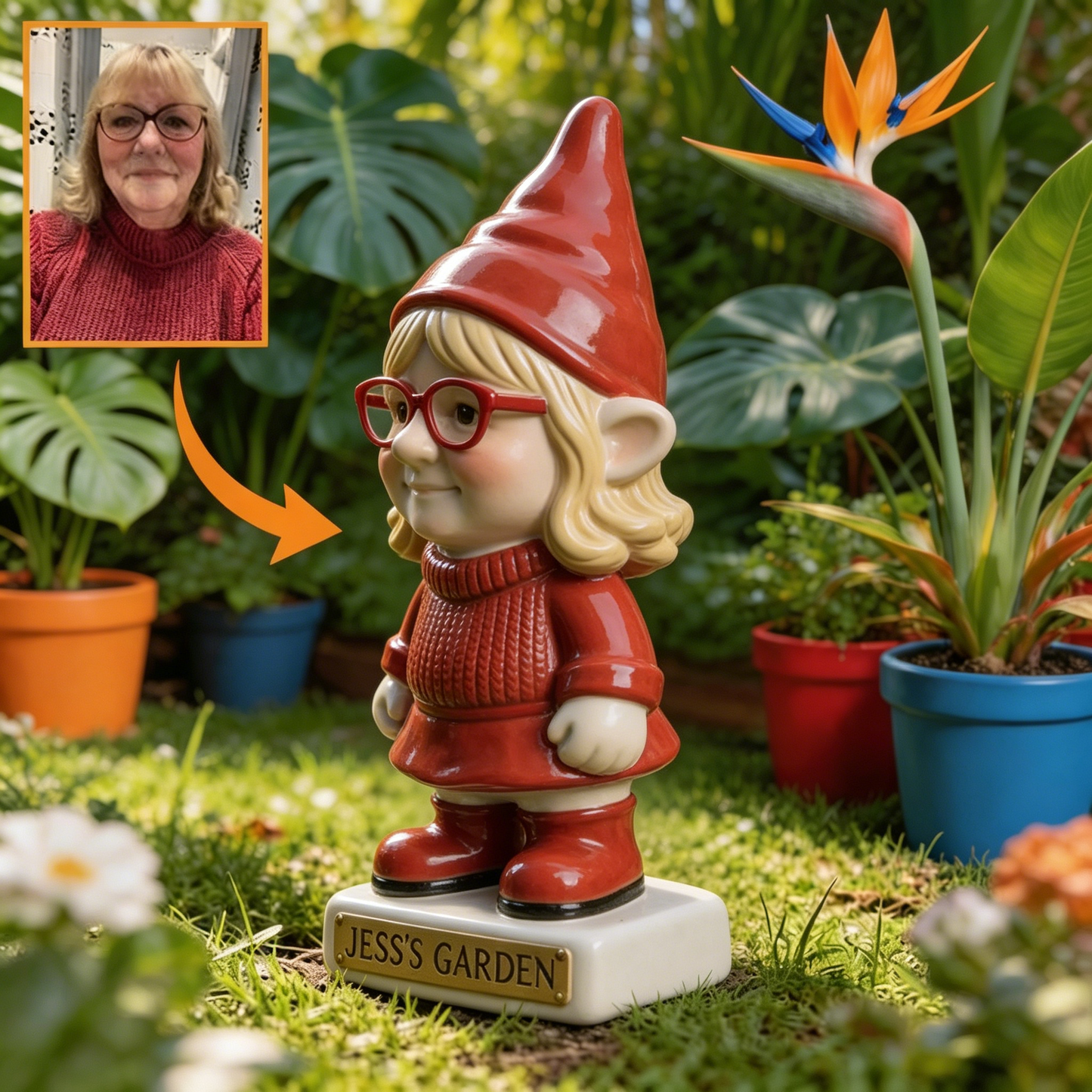 3D Effect Custom Garden Gnome Statue Personalized Photo Figurine with Custom Name