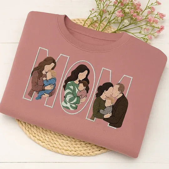 Custom Photo Portrait Embroidery Sweatshirt/T-shirt, Gift For Dad/Mom/Family