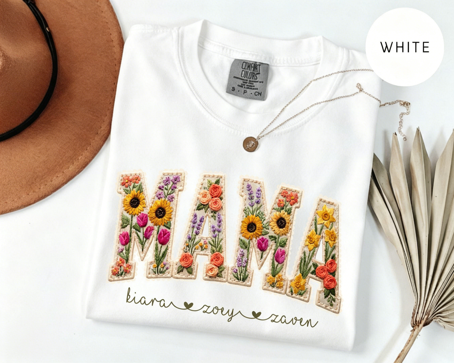 Personalized Floral Embroidered Mama Tee — A Heartfelt Mother's Day Gift with Your Kids' Names