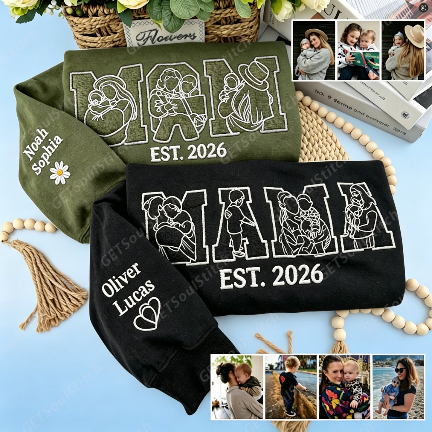 Custom Embroidered Mama Sweatshirt Personalized Photo Name & Date Handmade Sleeve Detail Mother's Day Gift