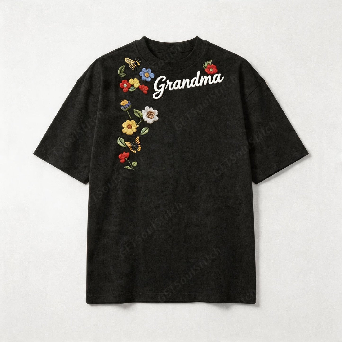 Customizable Birth Flower Mama Tee Personalized Name Embroidered Floral & Insect Shirt