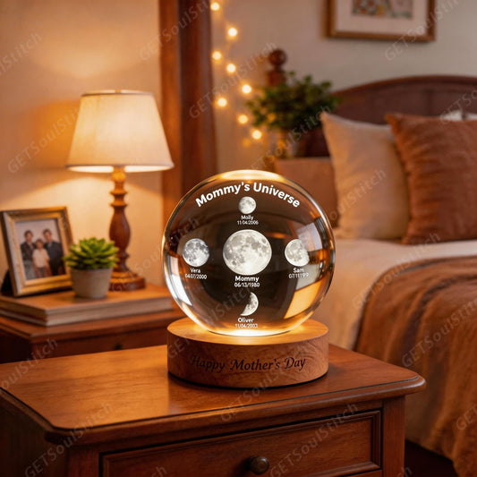Personalized "Mommy's Universe" LED Crystal Ball Lamp Custom Multi Moon Phases & Names Exclusive Mother's Day Gift