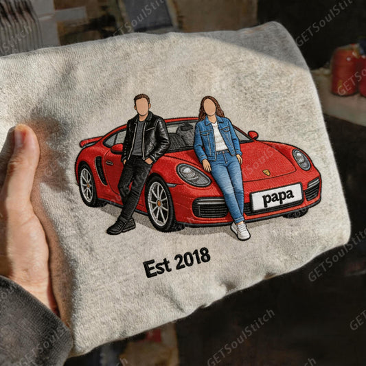 Custom Papa & Family Portrait Embroidered Sweatshirt Personalized Luxury Car & Custom Date Unique Father’s Day Gift