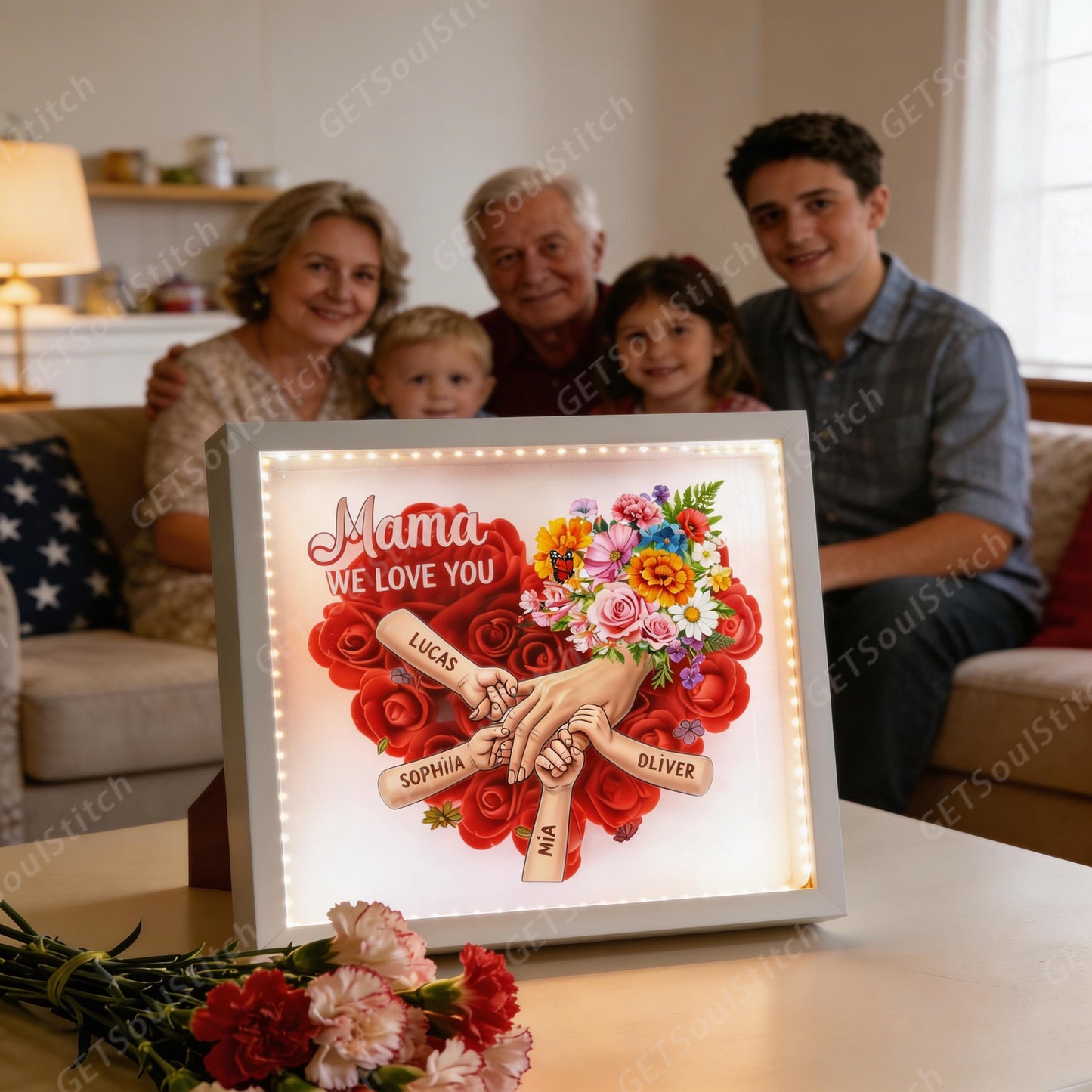 Floral LED Mirror Art for Mom Custom Title Names & Birth Dates Dual-Purpose with Light-Up Frame Mother’s Day Gift