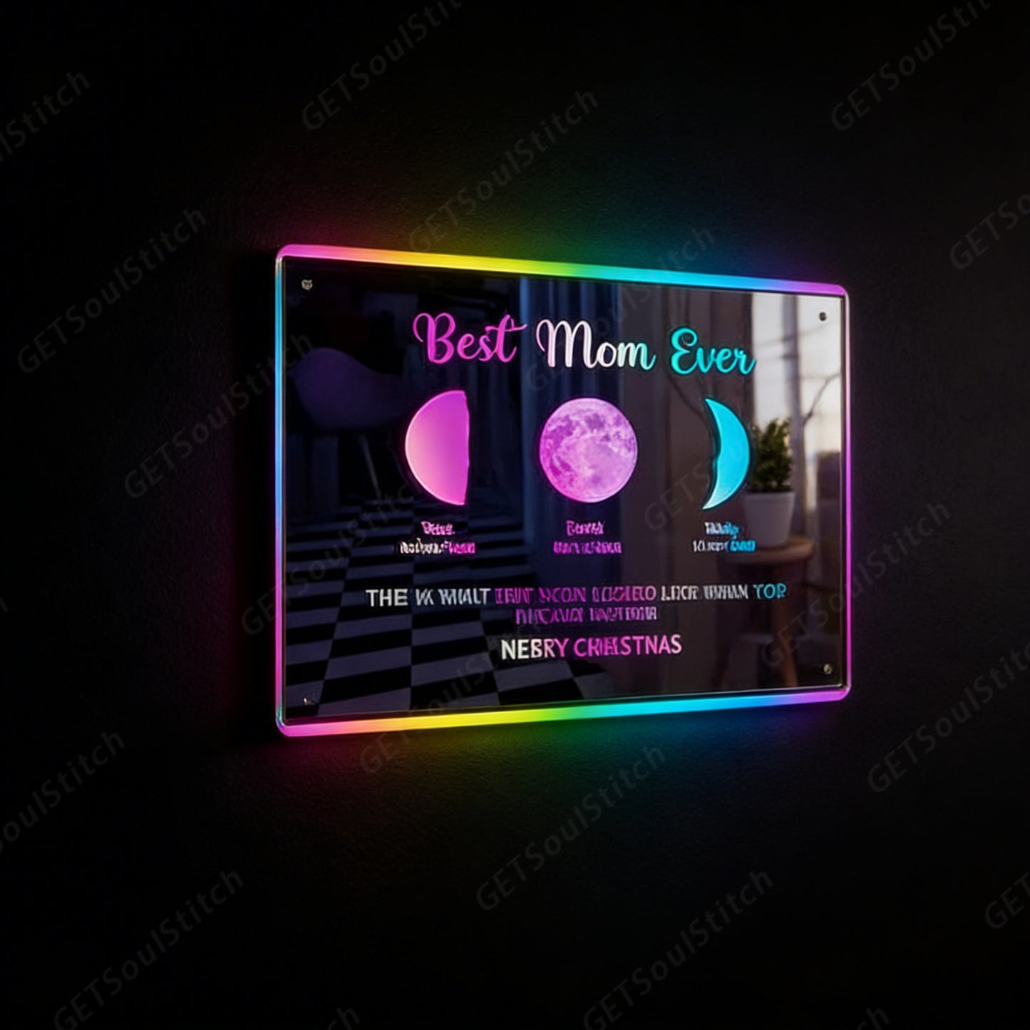 Custom Moon Phase Art LED Backlit Mirror Frame Personalized Date & Mom's Special Moment Cosmic Design Ultimate Mother's Day Gift
