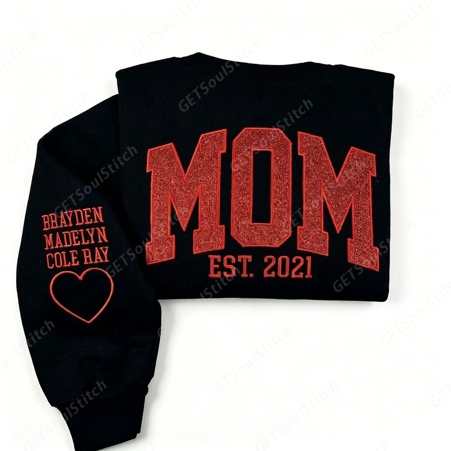 Custom Glitter Embroidered Sweatshirt Personalized Mom Gift Customizable Kids Names & Date