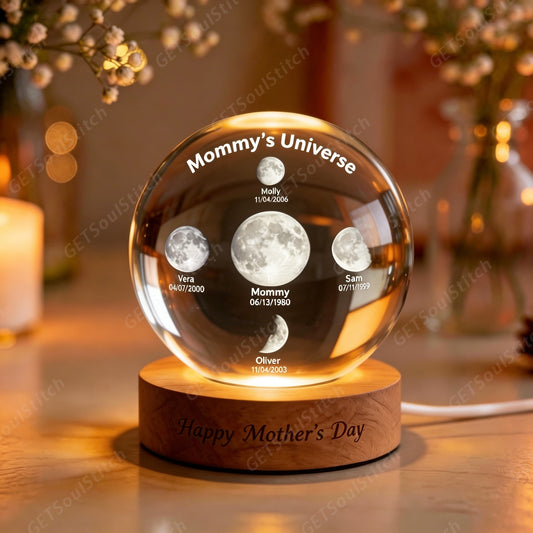 Personalized "Mommy's Universe" LED Crystal Ball Lamp Custom Multi Moon Phases & Names Exclusive Mother's Day Gift