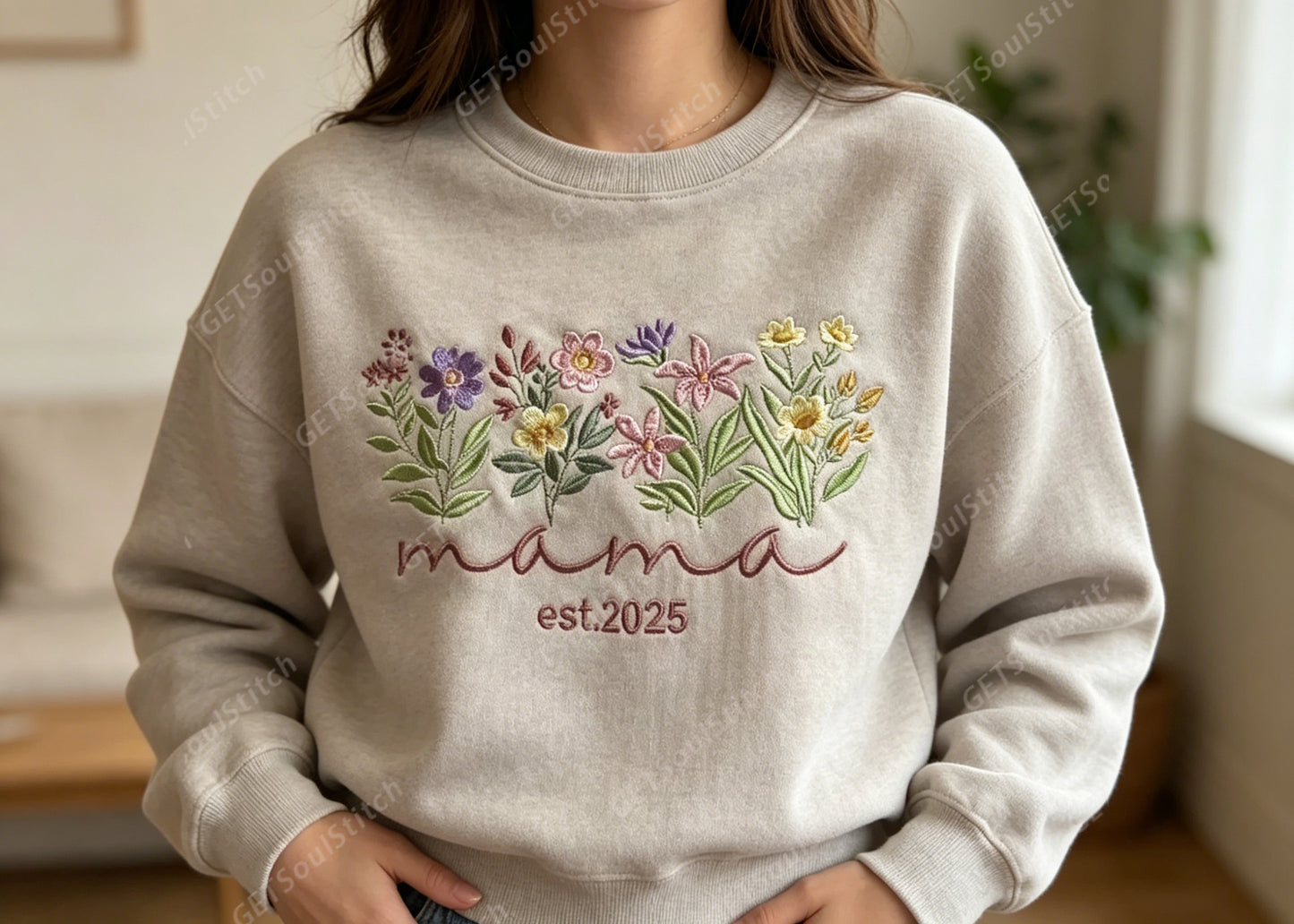 Customizable Mama Birth Flower Sweatshirt Personalized Nickname & EST Year Gift for Moms