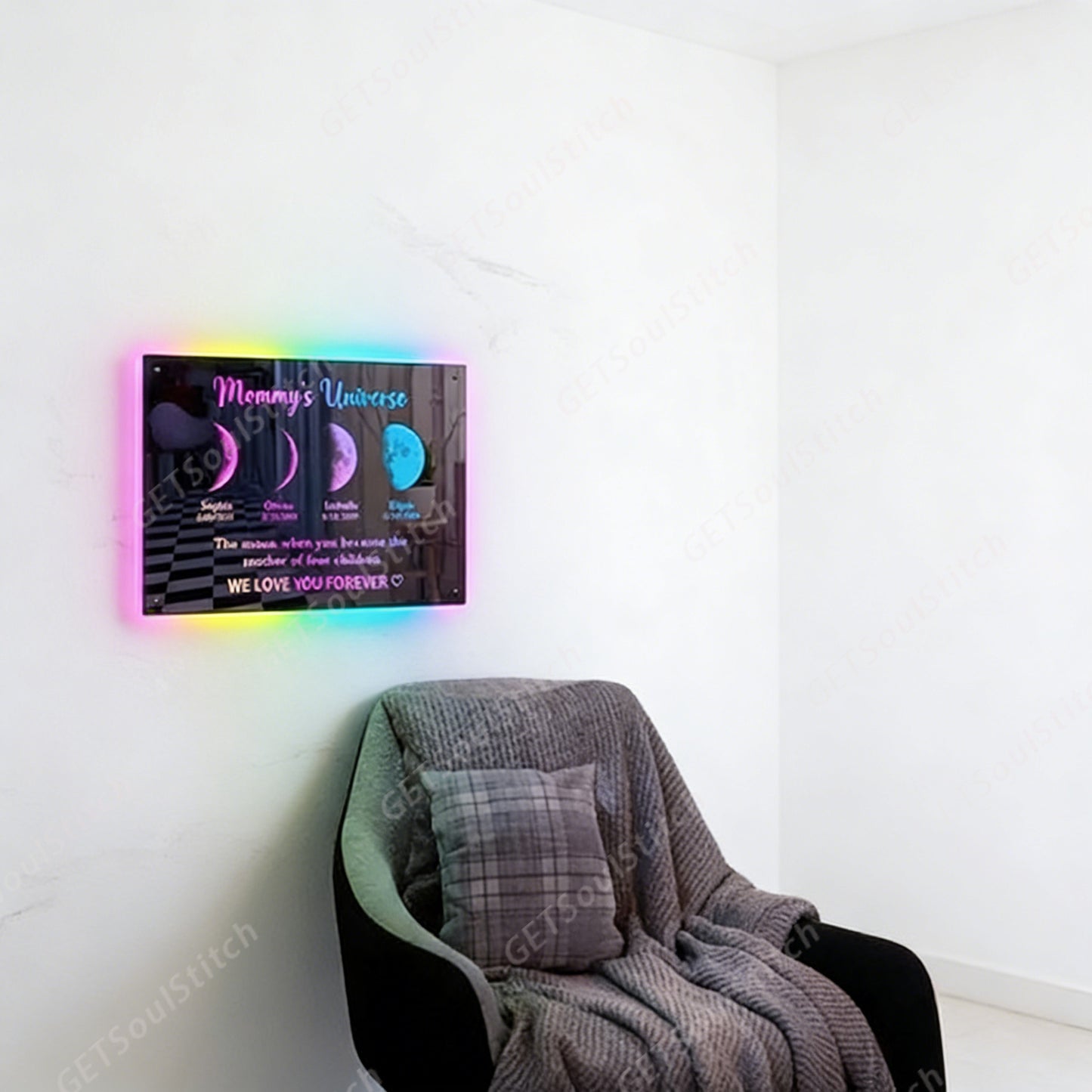 Custom Moon Phase Art LED Backlit Mirror Frame Personalized Date & Mom's Special Moment Cosmic Design Ultimate Mother's Day Gift