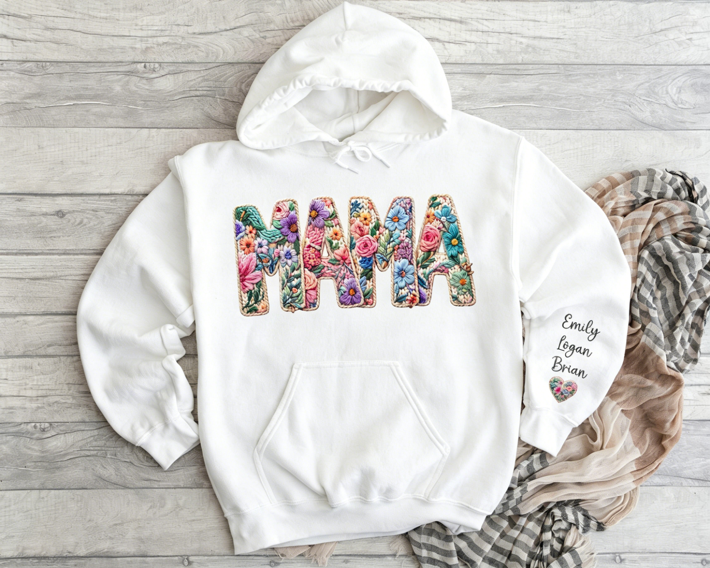 Personalized Mama Sweatshirt, Faux Embroidered Floral Hoodie with Custom Names