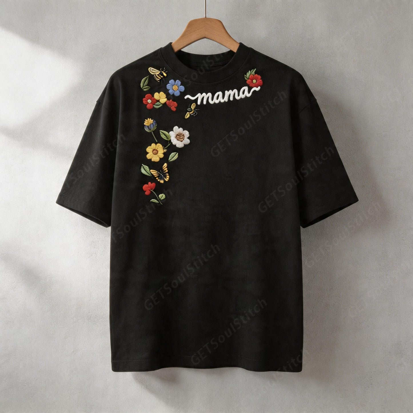 Customizable Birth Flower Mama Tee Personalized Name Embroidered Floral & Insect Shirt