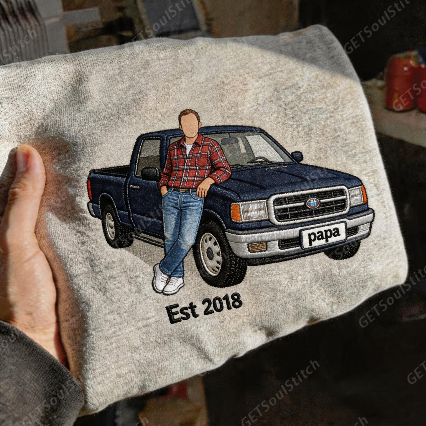 Custom Papa & Family Portrait Embroidered Sweatshirt Personalized Luxury Car & Custom Date Unique Father’s Day Gift
