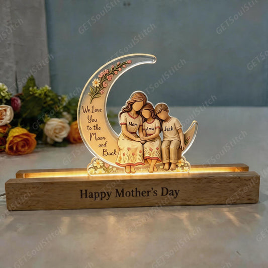Custom Moon Family Acrylic Night Light, Personalized Mom & Kids Names & Quote