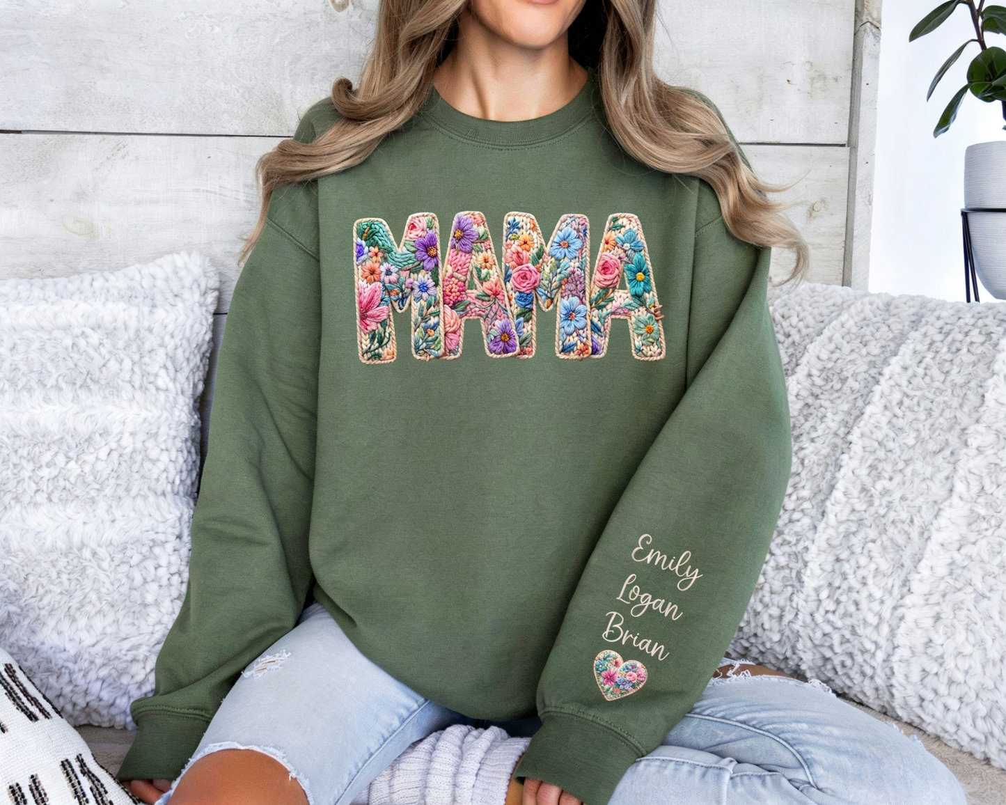 Personalized Mama Sweatshirt, Faux Embroidered Floral Hoodie with Custom Names