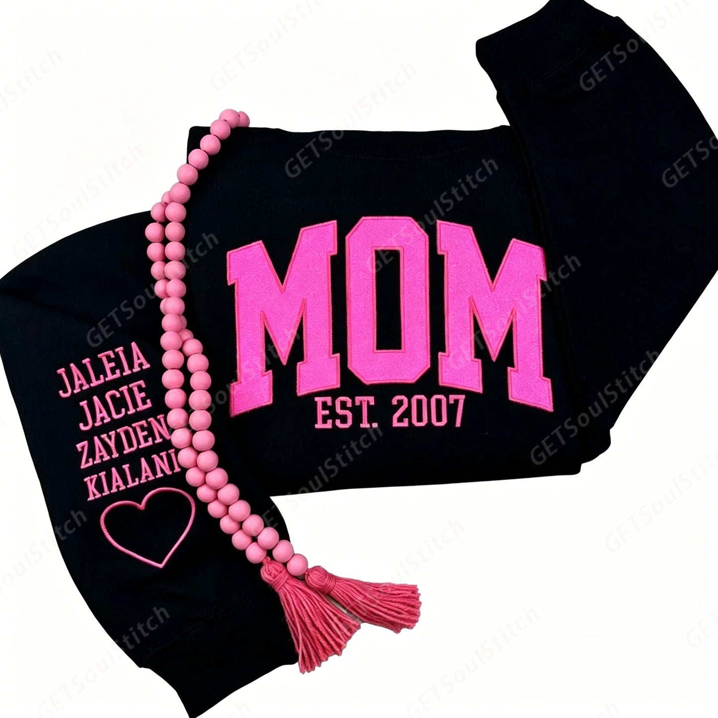 Custom Glitter Embroidered Sweatshirt Personalized Mom Gift Customizable Kids Names & Date