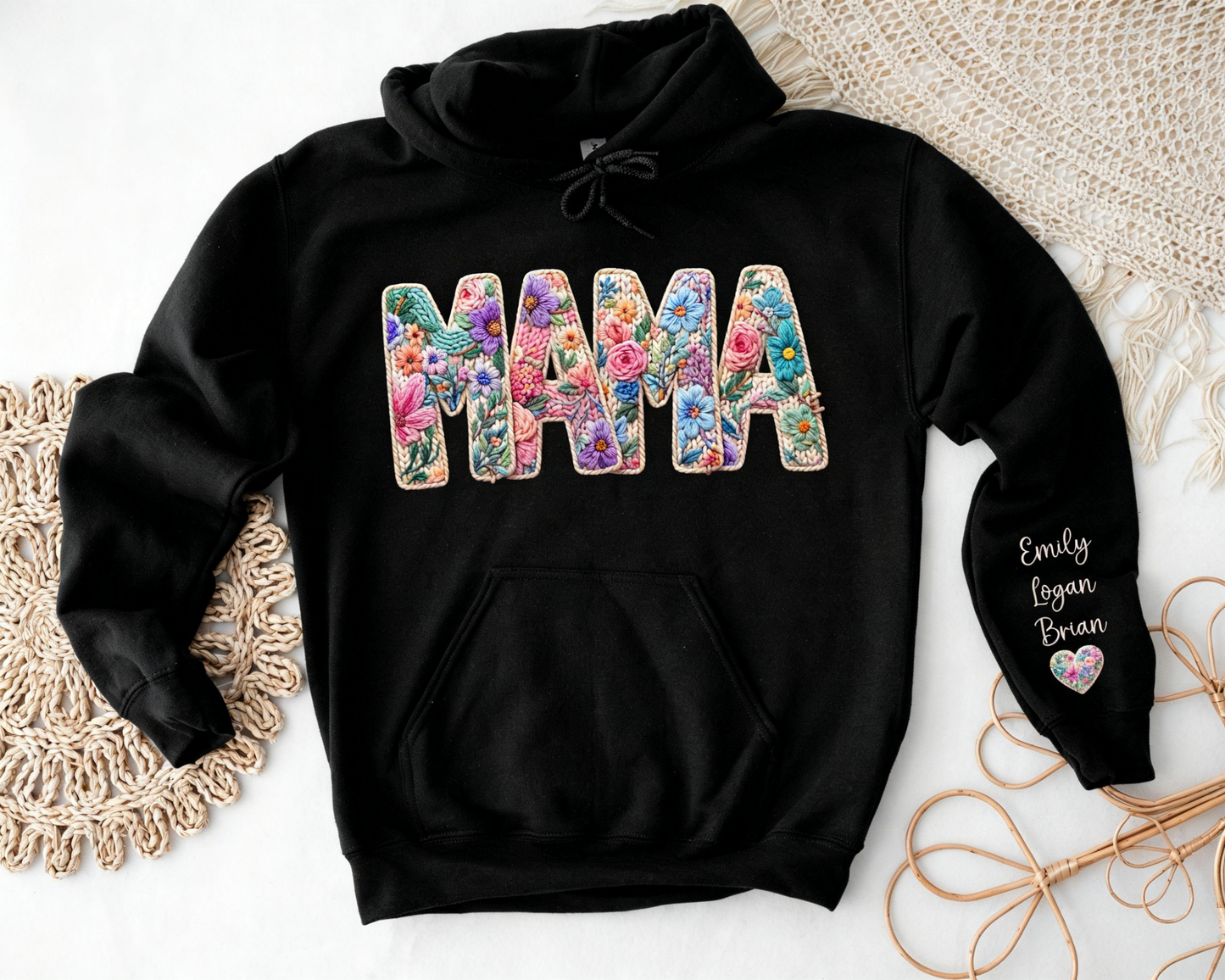 Personalized Mama Sweatshirt, Faux Embroidered Floral Hoodie with Custom Names