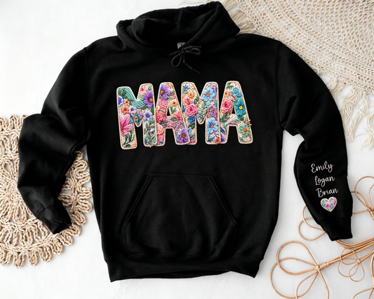 Personalized Mama Sweatshirt, Faux Embroidered Floral Hoodie with Custom Names