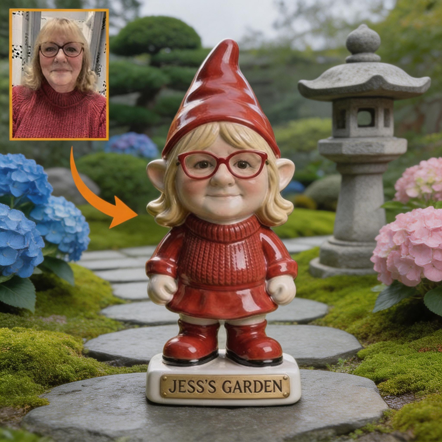 3D Effect Custom Garden Gnome Statue Personalized Photo Figurine with Custom Name