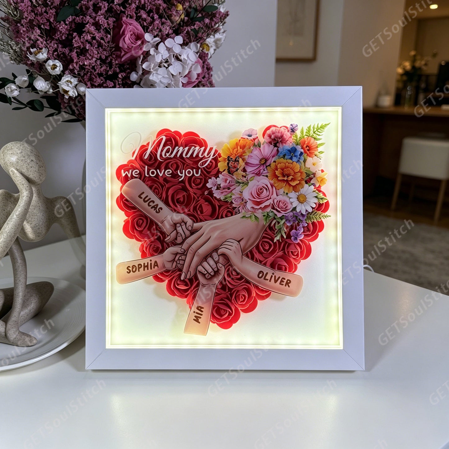 Customizable Family Hand in Hand Shadow Box with LED Light Personalized Names Quote & Birth Month Flowers Forever Keepsake
